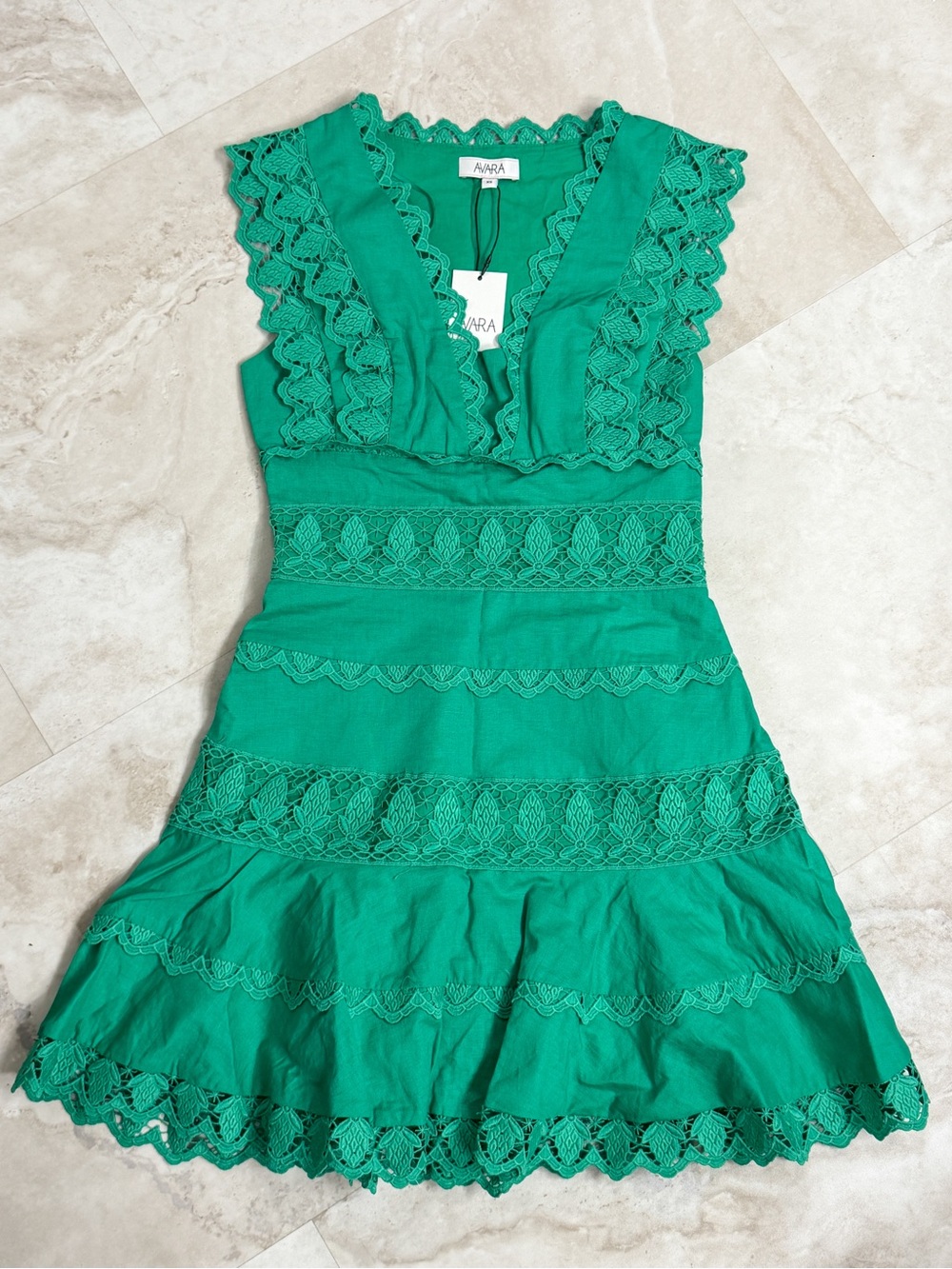 NWT Avara Sheila Green Eyelet Lace Linen Blend Mini Dress XS Wedding Guest